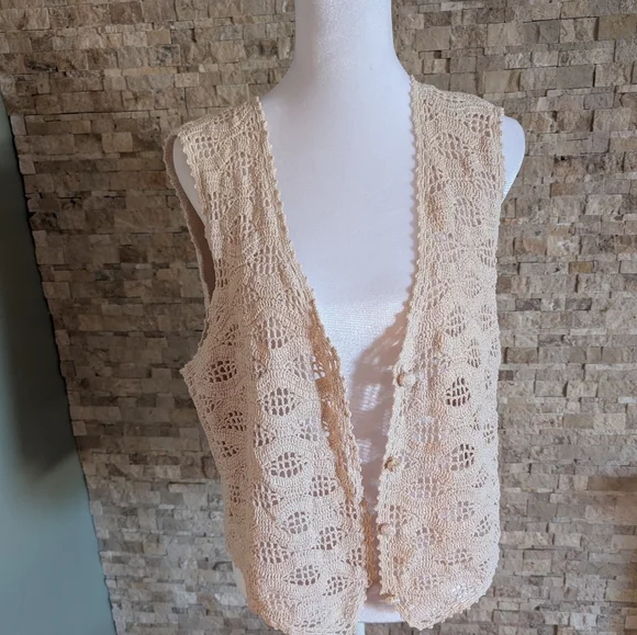 Vintage Crochet Sleeveless Vest Cream Fairy Coastal Cowgirl Festival Boho Sz L - Picture 9 of 11